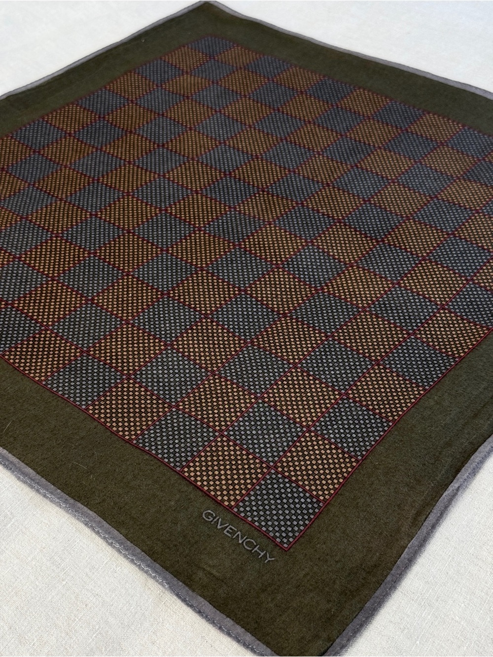 Vintage Givenchy Olive Micro Check Cotton Bandana Head Scarf Made in Japan